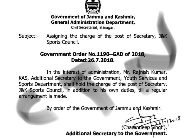 Rajnish Kumar appointed as Secretary J&K Sports Council Rajnish Kumar appointed as Secretary J&K Sports Council