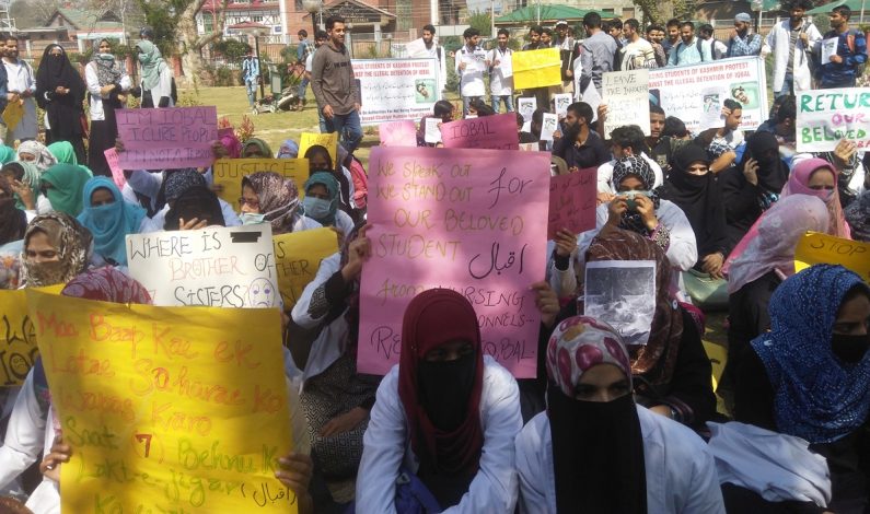 Nursing students protest in Srinagar, demand release of detained classmate Nursing students protest in Srinagar, demand release of detained classmate
