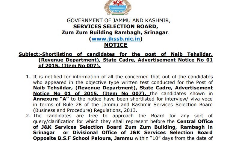 Naib Tehsildar exams: JKSSB shortlists following candidates for interview