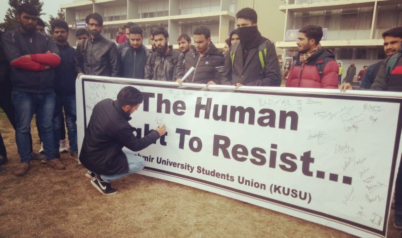 Kashmir University students stage protest against HR violations in Kashmir Kashmir University students stage protest against HR violations in Kashmir