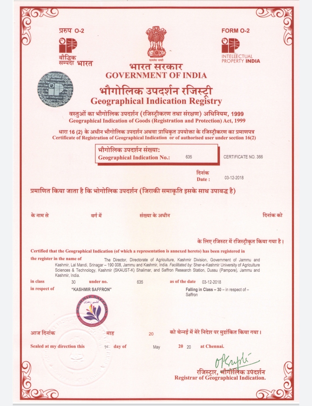 GoI issues certificate of GI registration for the Saffron grown in ...