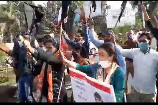 BJP workers protest arrival of Mehbooba Mufti in Jammu