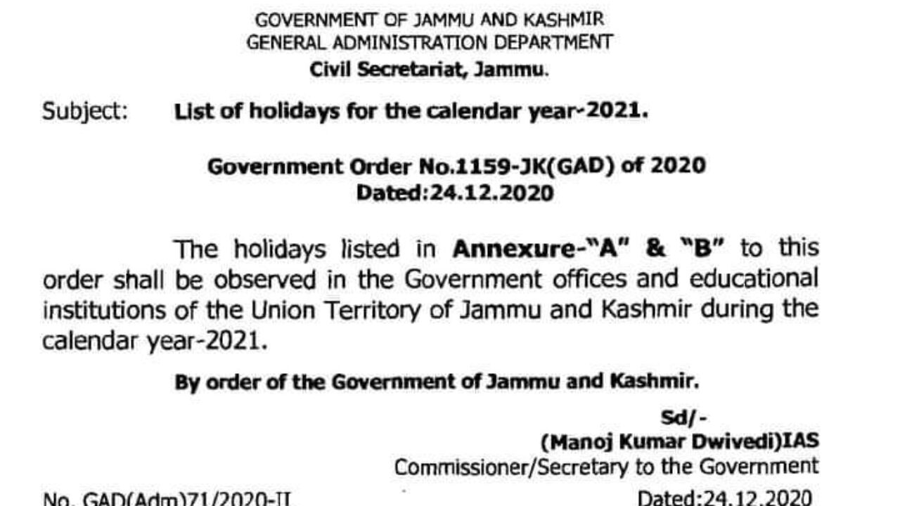 Govt Published The List Of Holidays For The Calendar Year 2021 Read Here The Kashmir Press