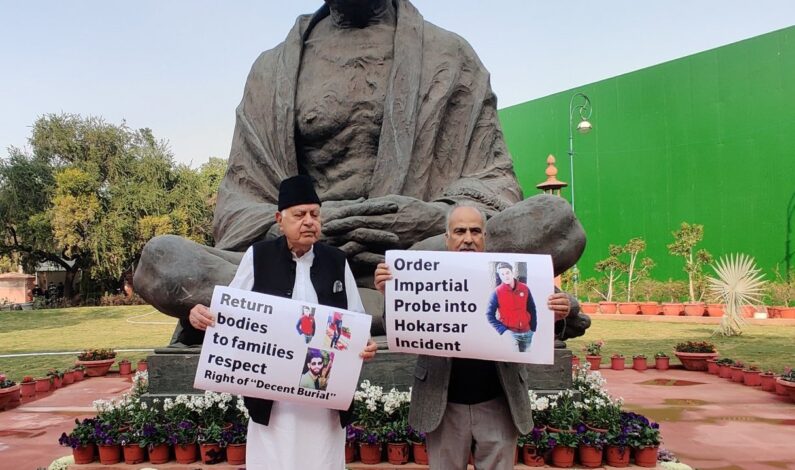 NC MPs demand probe into Hokarsar killings, stage protest outside Parliament