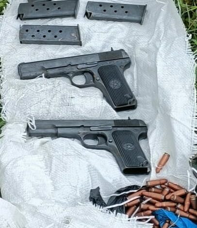 2 pistols, 5 magazines along with 122 bullets found in Samba