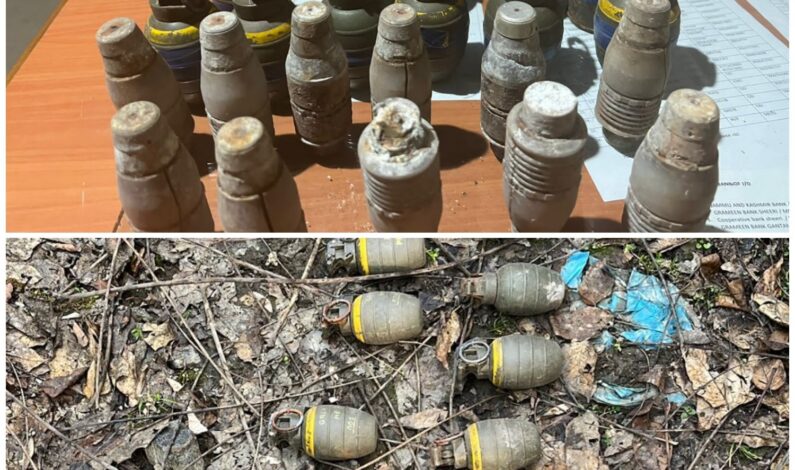 Police, security forces recover 11grenades, 11 UBGL and other explosive material in Baramulla Police, security forces recover 11grenades, 11 UBGL and other explosive material in Baramulla