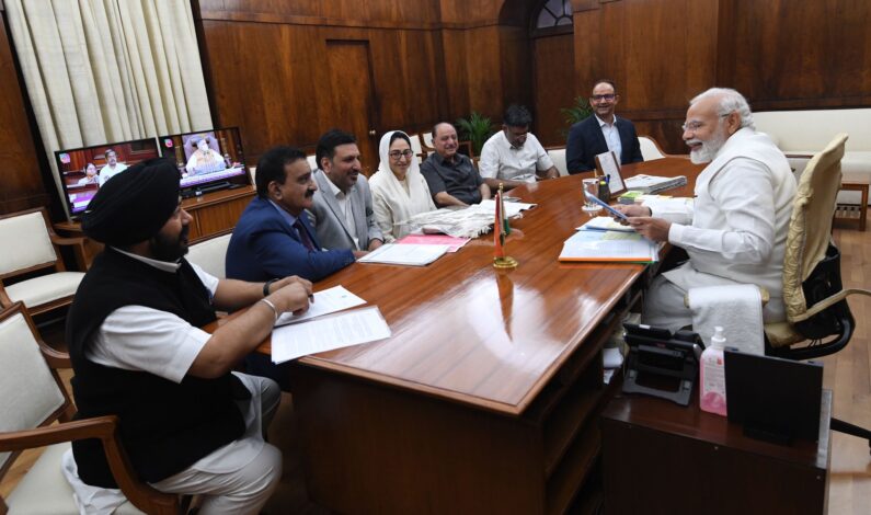 BJP’s Darkshan Andrabi, business men Baldev Singh, Mushtaq Chaya meet PM Modi, brief him about several matters BJP’s Darkshan Andrabi, business men Baldev Singh, Mushtaq Chaya meet PM Modi, brief him about several matters